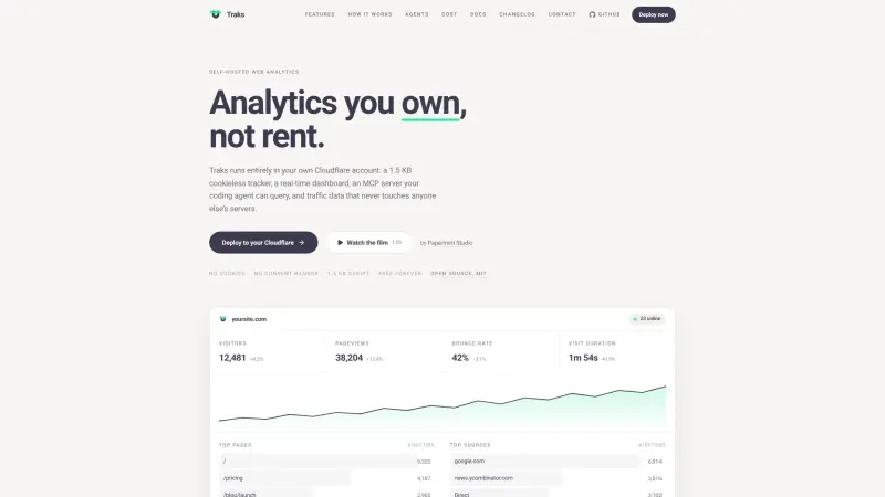 Traks homepage showing Web analytics for web users, providing privacy-friendly insights into website