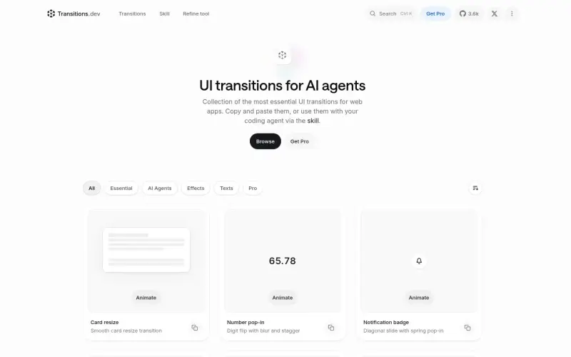 Transitions.dev homepage showing Elevate UI with seamless transitions for AI-driven web apps