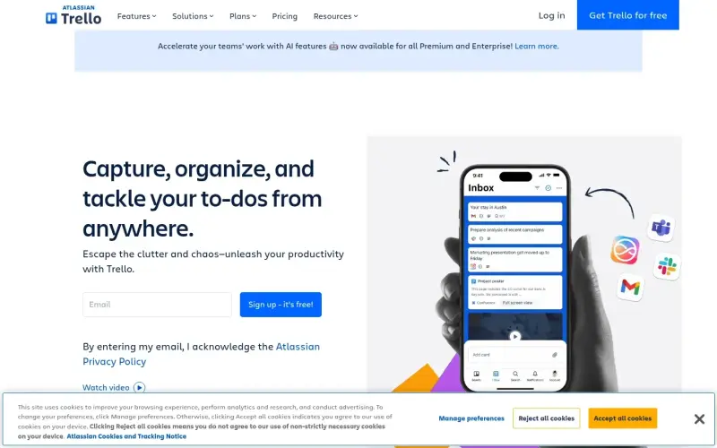 Trello homepage showing Streamline your workflow and boost productivity