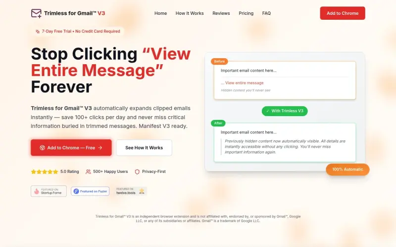 Trimless for Gmail™ V3 homepage showing Auto‑expand clipped Gmail messages, no clicks, no data collection