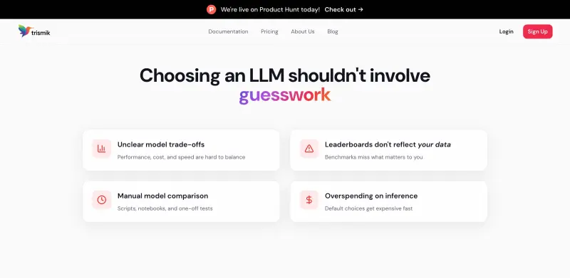 Trismik homepage showing Streamline your AI model choice with instant, accurate comparisons tailored to