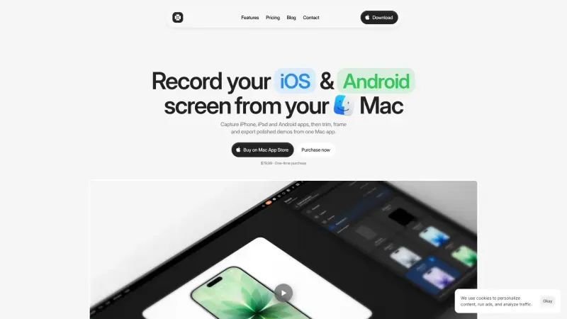 Tryframeos homepage showing Record iOS and Android app demos on Mac