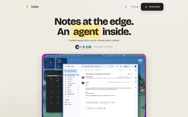 Tucky homepage showing Tucked away when quiet. Ready when called