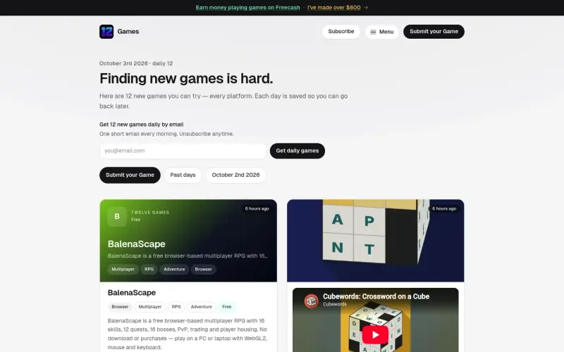 Twelve Games homepage showing Daily Indie Game Discovery for Every Platform