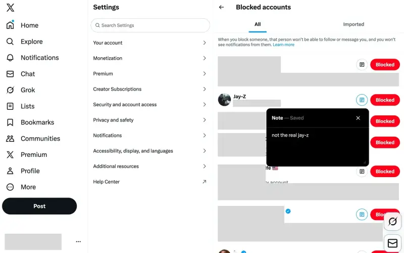 Twitter Notes - X Profile Annotations interface screenshot 2 showing Never forget why you followed, blocked, or muted someone. Keep private, local