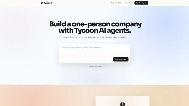 Tycoon homepage screenshot - Run companies with AI agents