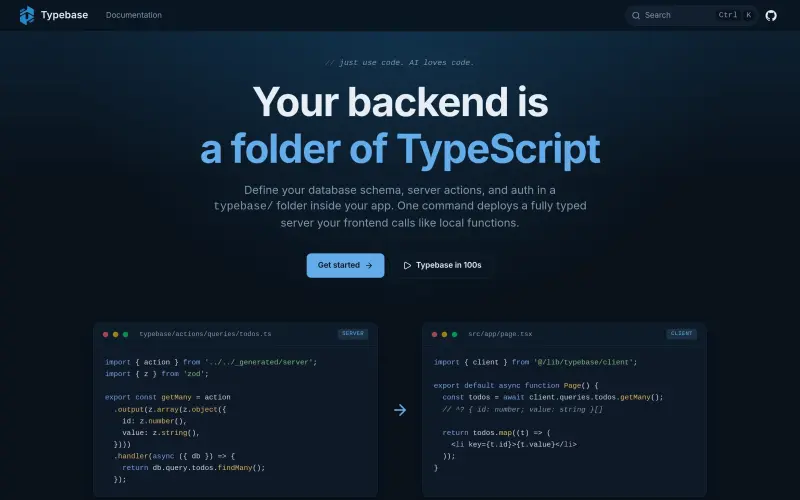 Typebase homepage showing Write your backend as TypeScript files. Call them like local functions
