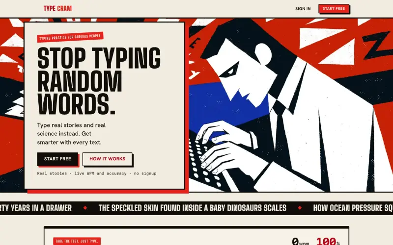Typecram homepage showing Type on real stories