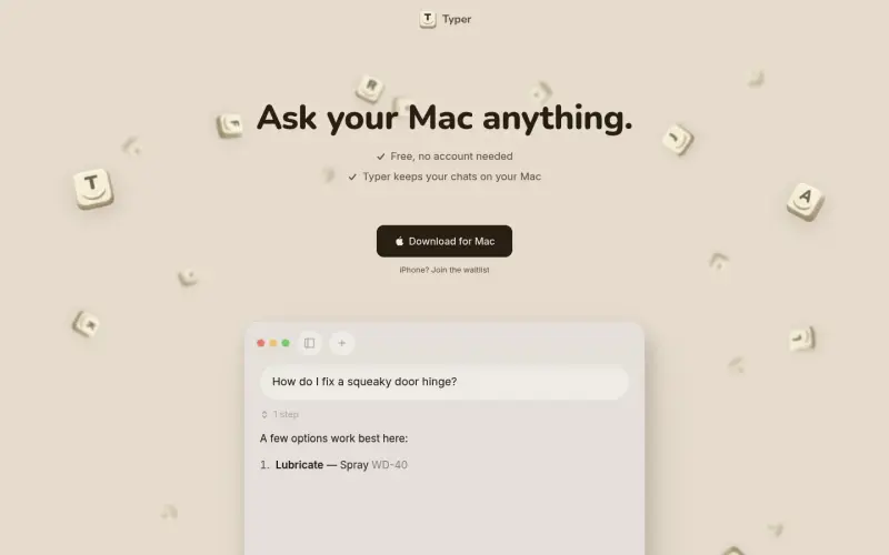 Typer homepage showing Free AI on your Mac, no cloud