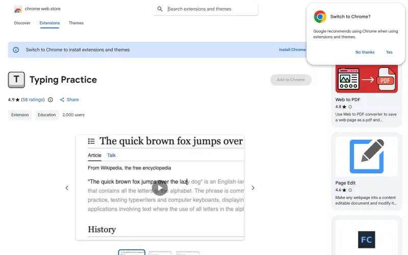 Typing Practice homepage showing Turn web pages into typing drills