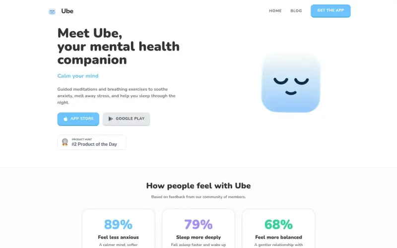 Ube homepage screenshot - Calm anxiety with guided meditations and breathing exercises