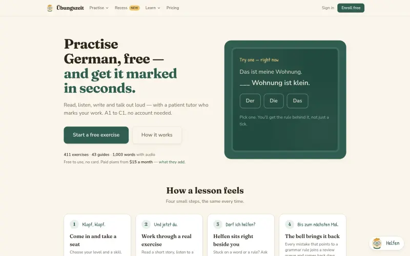 Übungszeit homepage showing German practice online, A1–C1 — the four skills