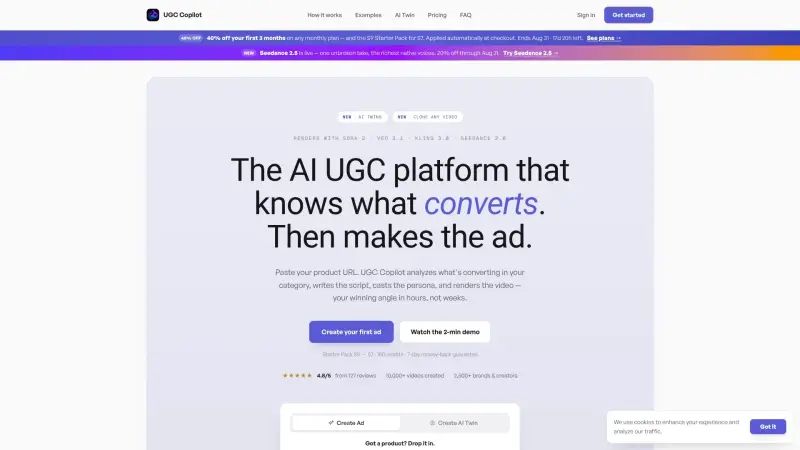 UGC Copilot homepage showing Generate AI UGC video ads from any product URL in minutes