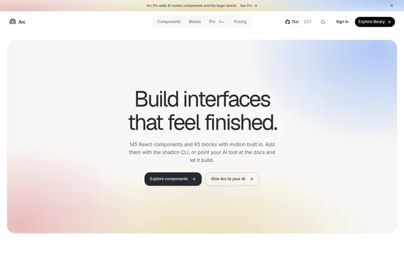 Uiarc homepage showing Animated React components for seamless user experiences