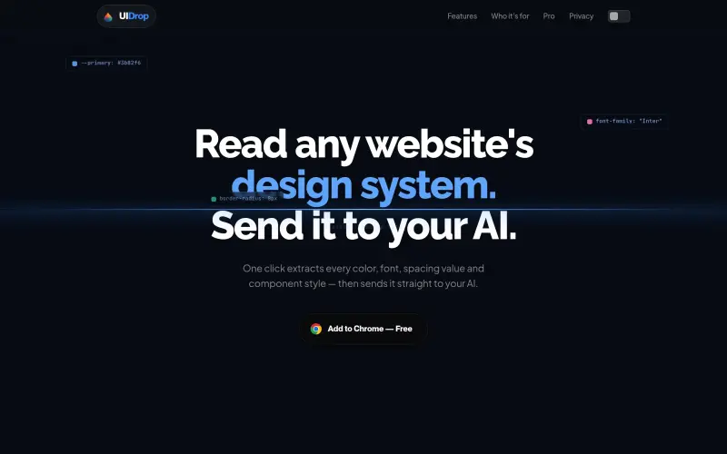 UIDrop homepage showing Capture any website's design system for AI prompts