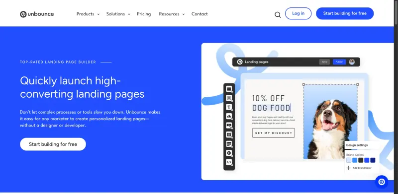 Unbounce homepage showing Easily build, test, and personalize landing pages to drive more conversions