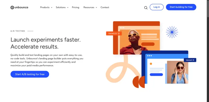 Unbounce interface screenshot 2 showing Easily build, test, and personalize landing pages to drive more conversions