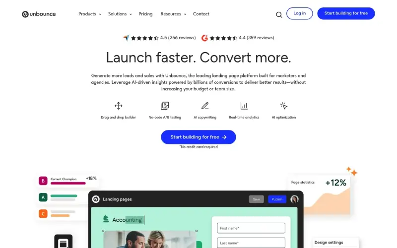 Unbounce interface screenshot 3 showing Easily build, test, and personalize landing pages to drive more conversions