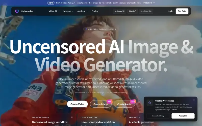 Unbound AI homepage showing Unlock limitless visual possibilities with our AI-powered generator, perfect