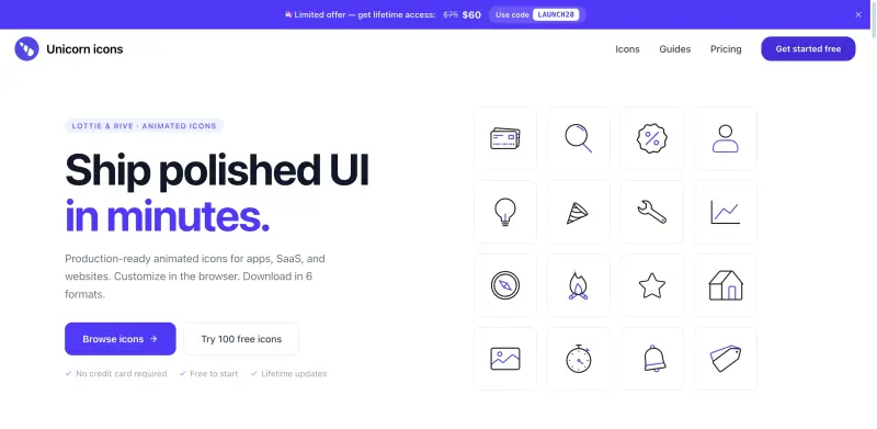 Unicorn Icons homepage showing Elevate your user experience with instantly downloadable, production-ready