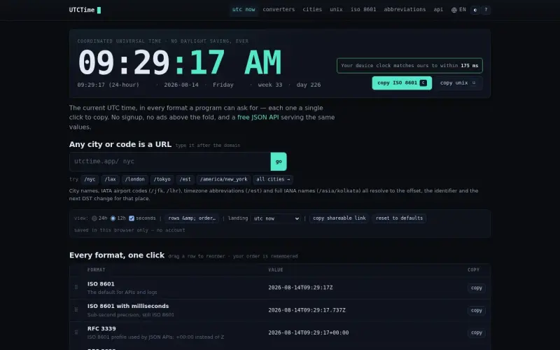 UTC Time Now homepage showing Live UTC clock with one-click copy for ISO 8601 and Unix time
