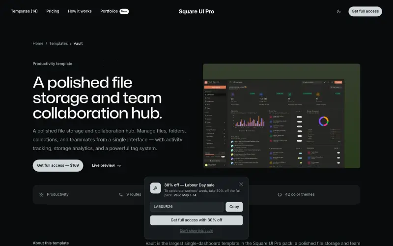 Vault homepage screenshot - Organize files, collaborate with teams, and track activity in one secure hub