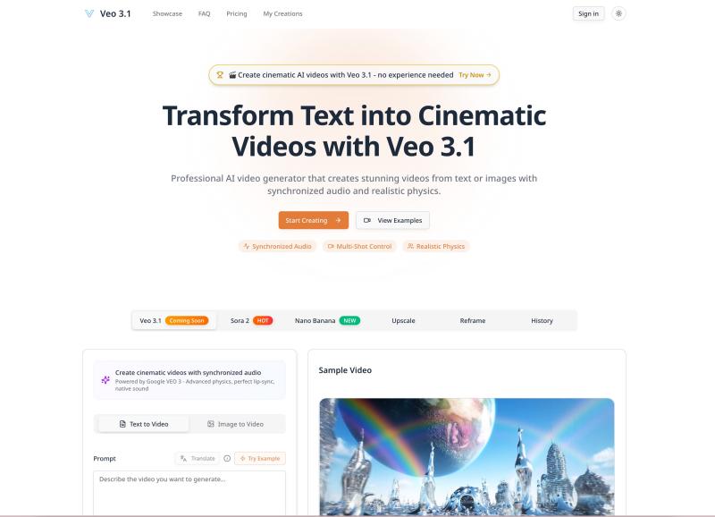 Veo 3.1 AI Video Generator with Audio homepage showing Generate cinematic AI videos from text or images with Veo 3.1. Features