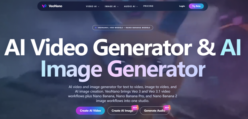 VeoNano homepage showing Text To Image, Image To Image, Text To Video, Image To Video
