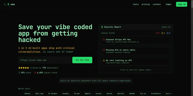 Vibe App Scanner homepage showing Detect exposed API keys, database vulnerabilities, and security gaps in apps