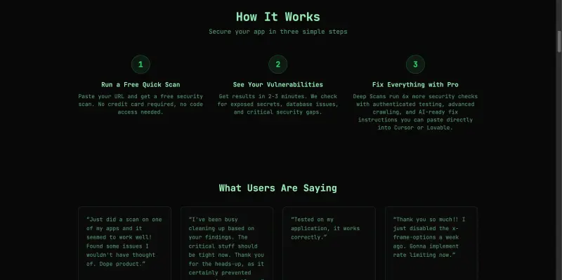 Vibe App Scanner interface screenshot 2 showing Detect exposed API keys, database vulnerabilities, and security gaps in apps