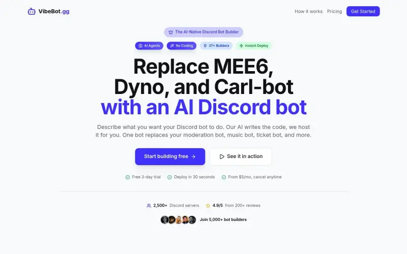 VibeBot homepage showing Build Discord bots with AI