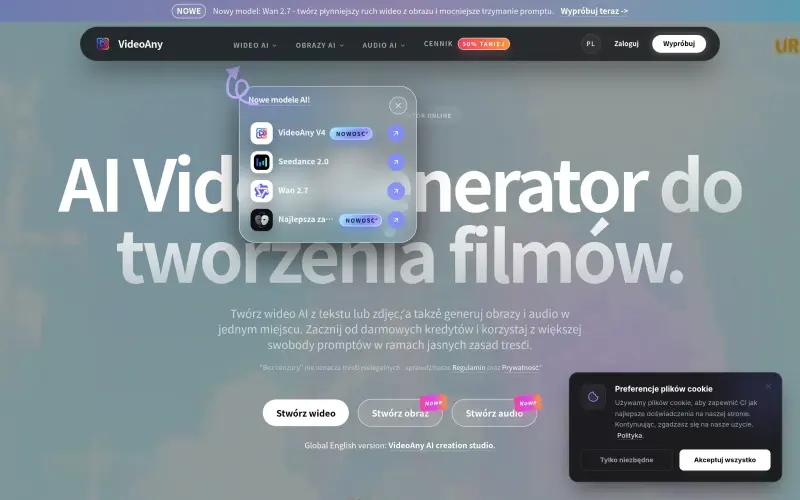 VideoAny homepage showing Create AI videos, images, and audio online