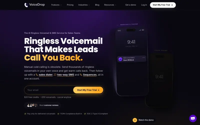 VoiceDrop homepage showing Voice messaging platform for teams and individuals on the web