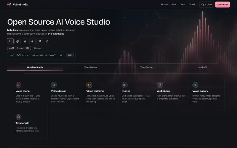 Voicestudio homepage showing Open-source ElevenLabs alternative. Runs entirely on your own computer