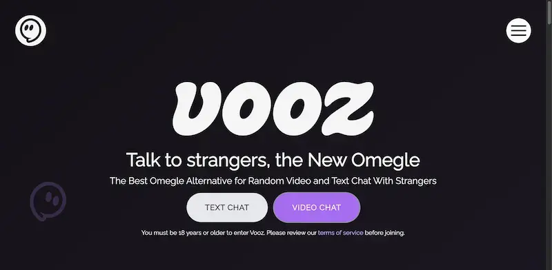 Vooz homepage showing Connect with strangers worldwide through moderated video chat