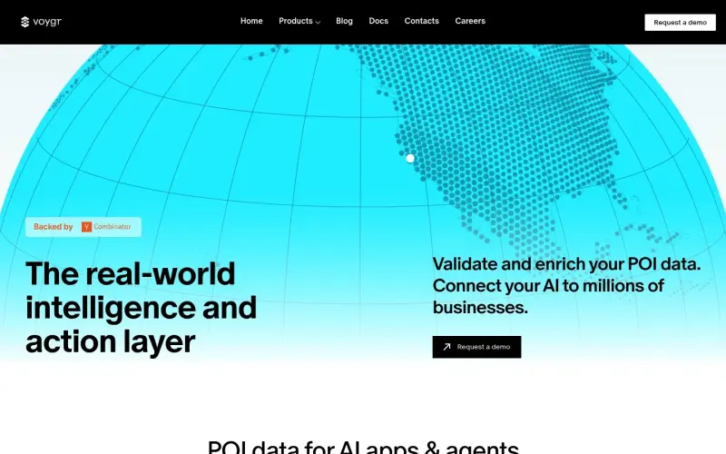 VOYGR homepage showing POI data validation and enrichment service for AI developers' needs