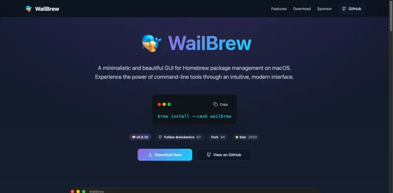 WailBrew homepage showing command-line tools visually management