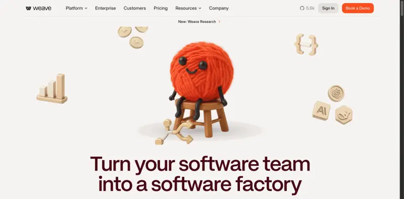 Weave homepage showing engineering workflows with AI-driven metrics and machine learning optimization