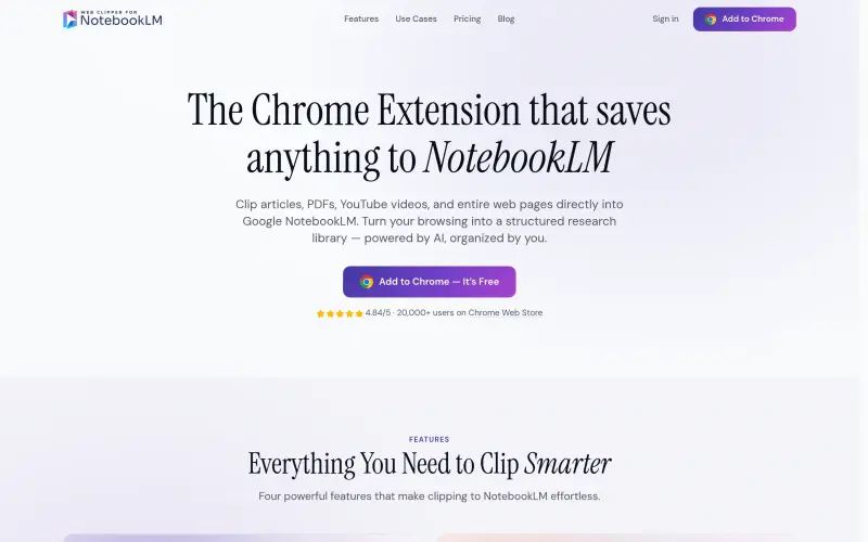 Web Clipper for NotebookLM homepage showing Clip web pages to NotebookLM
