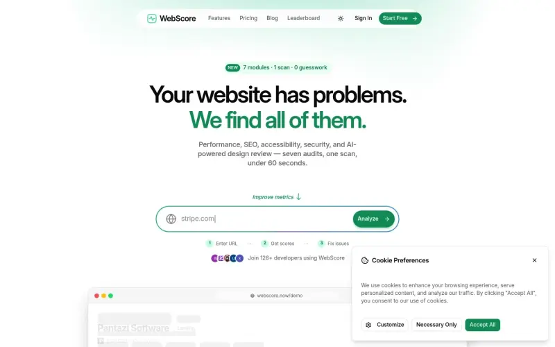 WebScore homepage screenshot - Scan & fix website issues in 60 seconds