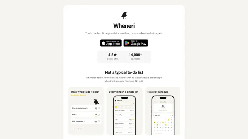 Wheneri: Task Tracker homepage showing Minimalist tracker for chores & routines, no streaks or guilt
