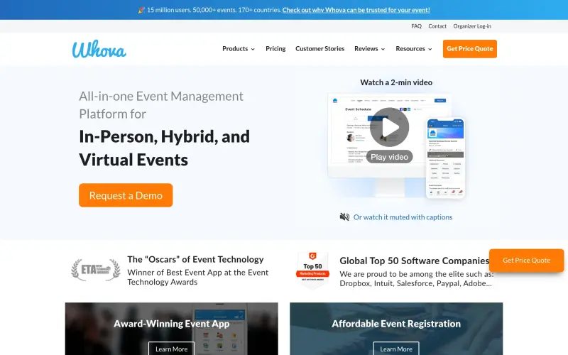 Whova: Award-winning Event Apps & Event Management homepage screenshot - Streamline event planning with an all-in-one app