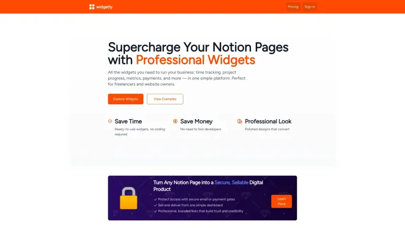 widgetly homepage screenshot - Enhance Notion pages with customizable widgets for time tracking, project progress, and more