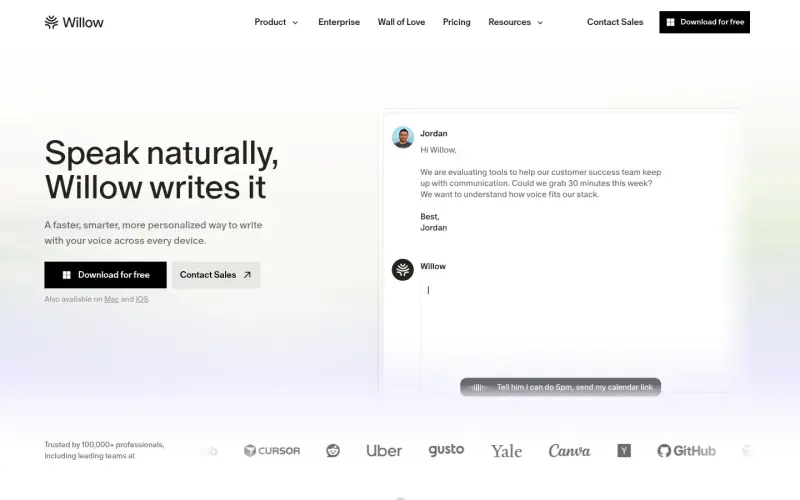 Willow homepage showing Turn speech to text