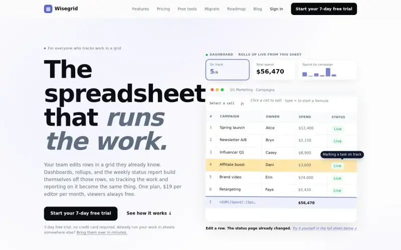 Wisegrid homepage showing The spreadsheet that runs your work