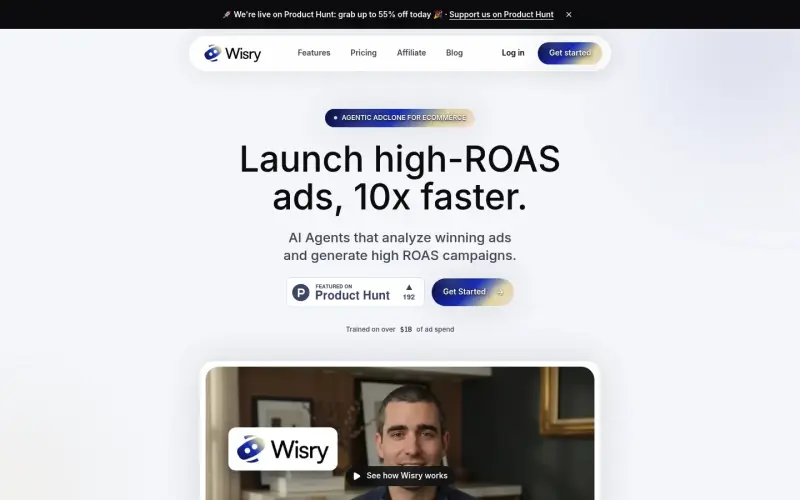 Wisry homepage showing AI Agents that analyze winning ads and generate high ROAS campaigns