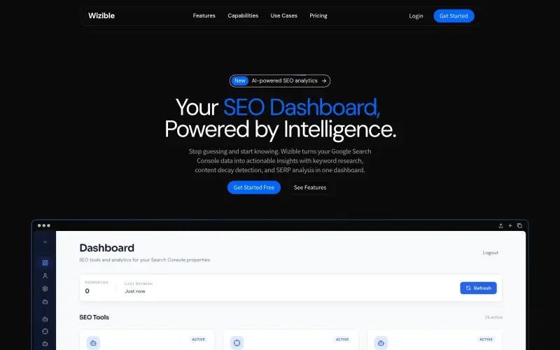 Wizible homepage screenshot - Your SEO Dashboard, Powered by Intelligence.Your SEO Dashboard, Powered by Intelligence.