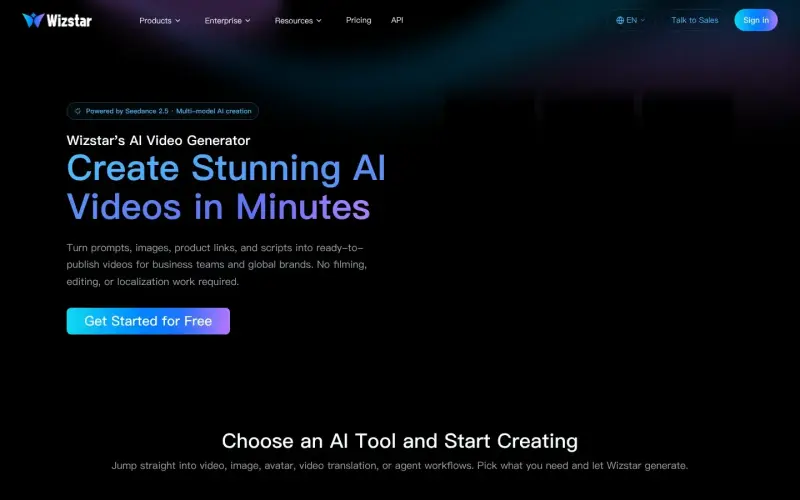 Wizstar homepage showing Generate AI videos, avatars, and product ads from text, images, links