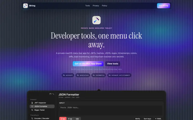 Wring homepage screenshot - Offline developer toolkit with 12 essential tools for coding tasks