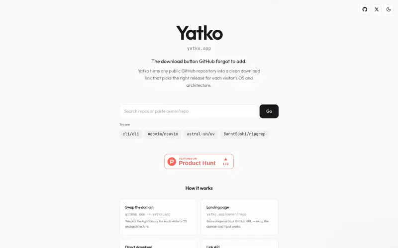 Yatko homepage showing GitHub releases, one clean download link per visitor